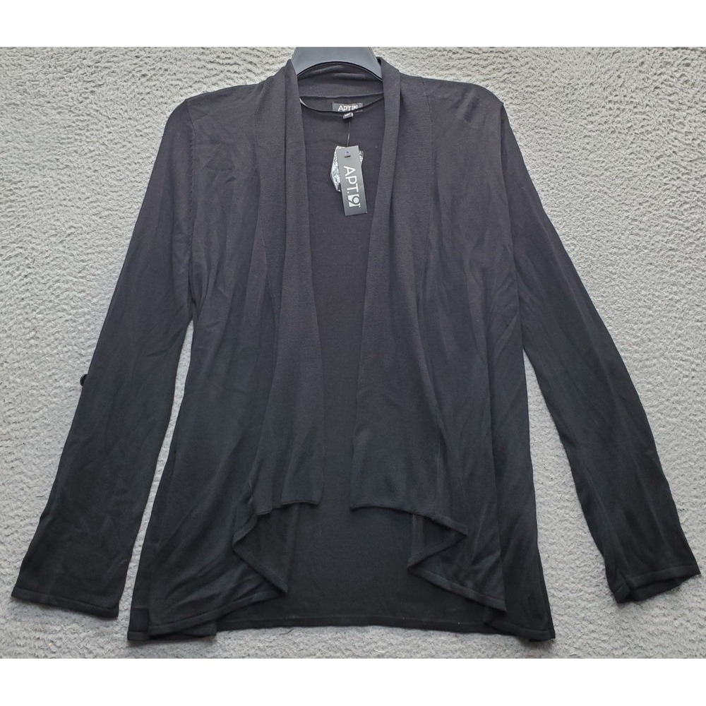 Apt. 9 Cardigan Sweater Womens Medium Black Knit Rolled Tab Sleeve Open Front
